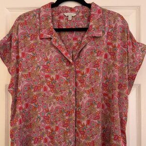 Lucky Brand Blouse | Pink Floral V-Neck Collar | Size L